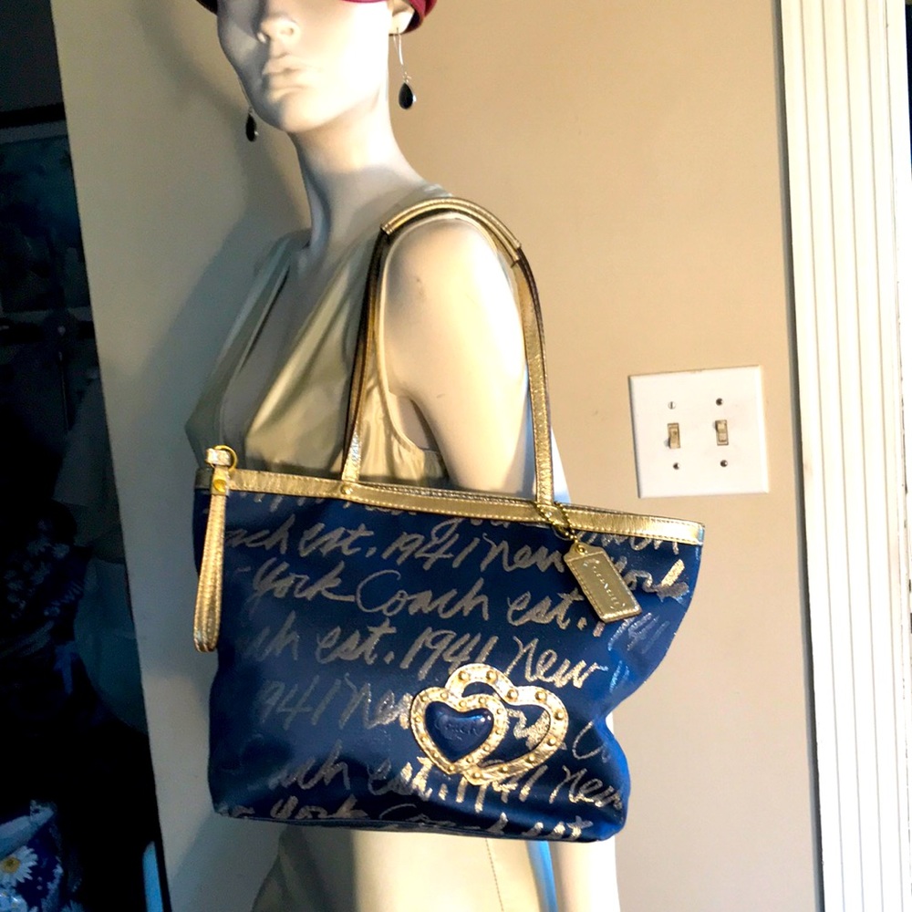 Coach Navy Blue and Metallic Gold Canvas New York Est. 1941 Tote Purse Handbag - Picture 2 of 10